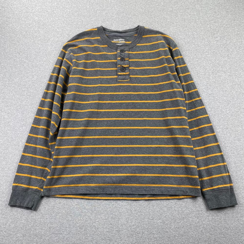 Old Navy Henley Shirt Mens L Gray Yellow Striped Thermal Long Sleeve Y2K Skater